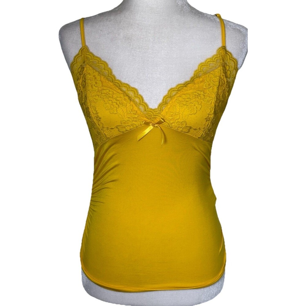 Women’s Sexy Yellow Lace Trim Cami Top Y2K‎ Boudoir Coquette Fairy Boho Sz Med